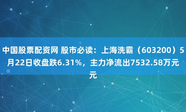 中国股票配资网 股市必读：上海洗霸（603200）5月22日收盘跌6.31%，主力净流出7532.58万元